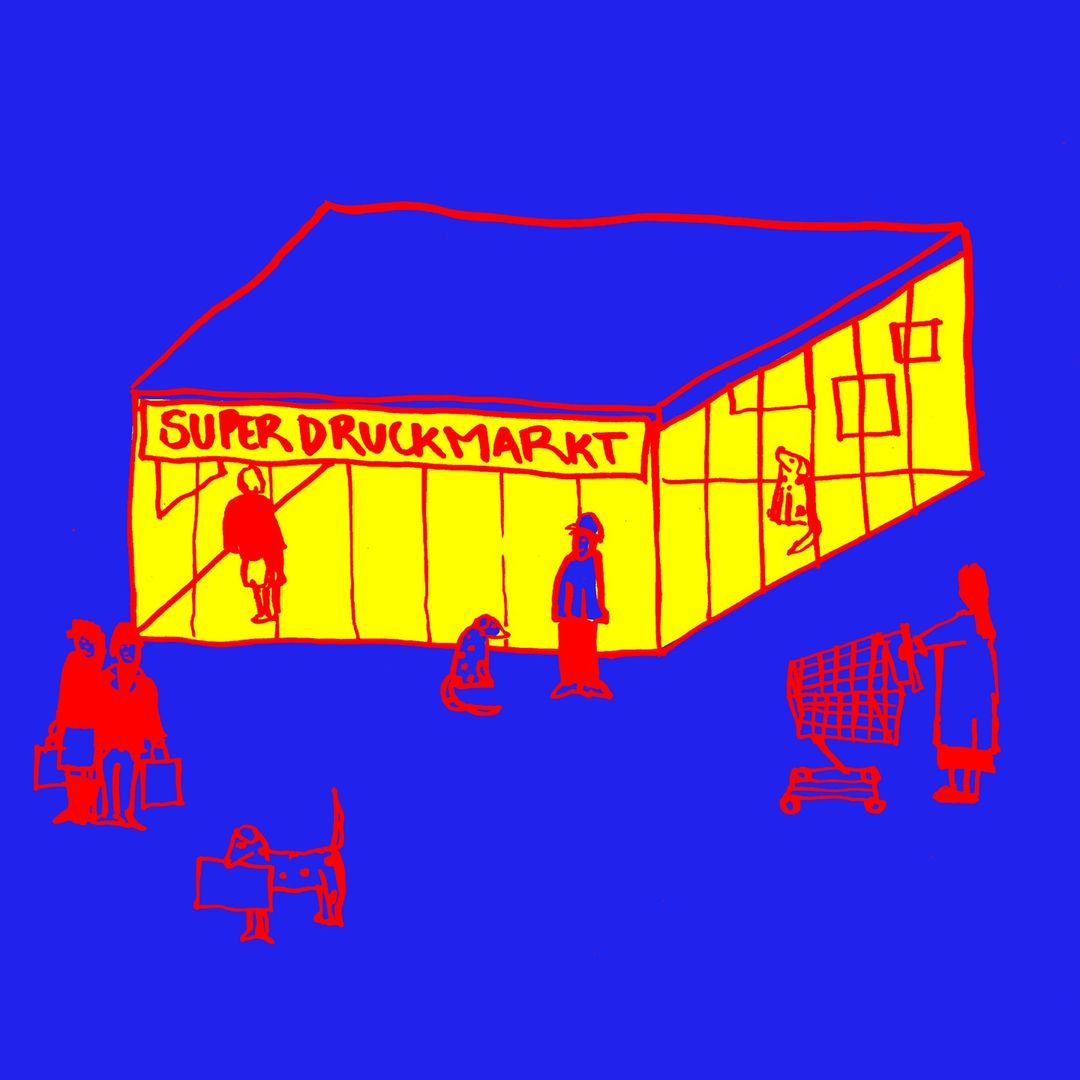 Skizze, blauer Untergrund mit roten Menschen vor einem gelben Gebäude, an dem Superdruckmarkt steht