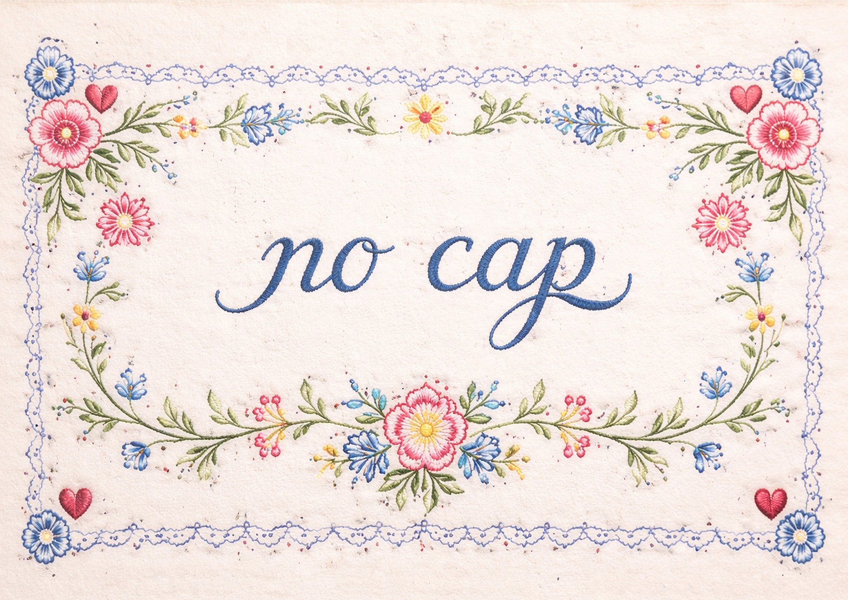 Postkarte mit Stickmotiv Blumen und Schrift "no cap"